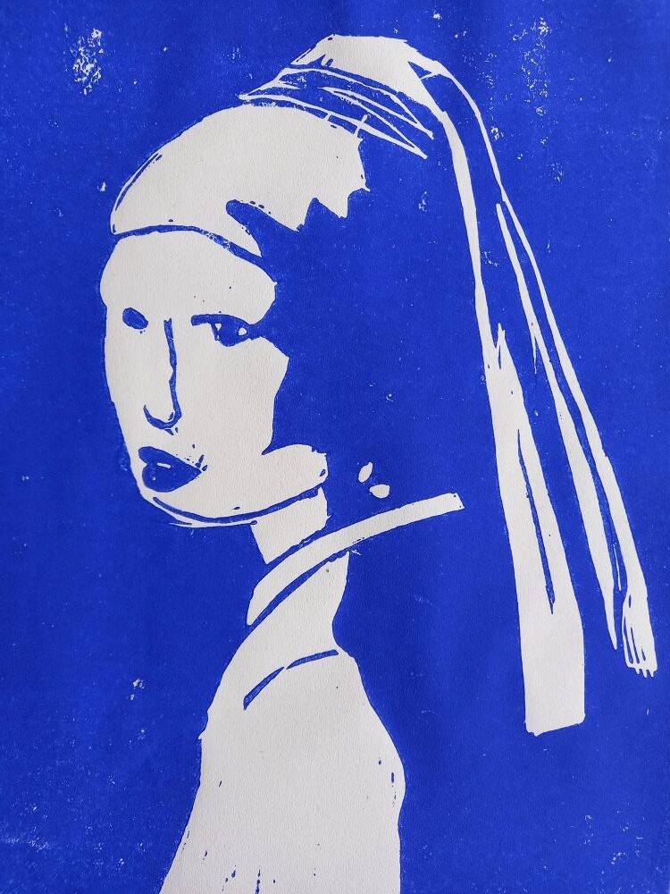 Ein Linolschnitt des berühmten Gemäldes "Das Mädchen mit dem Perlenohrring"