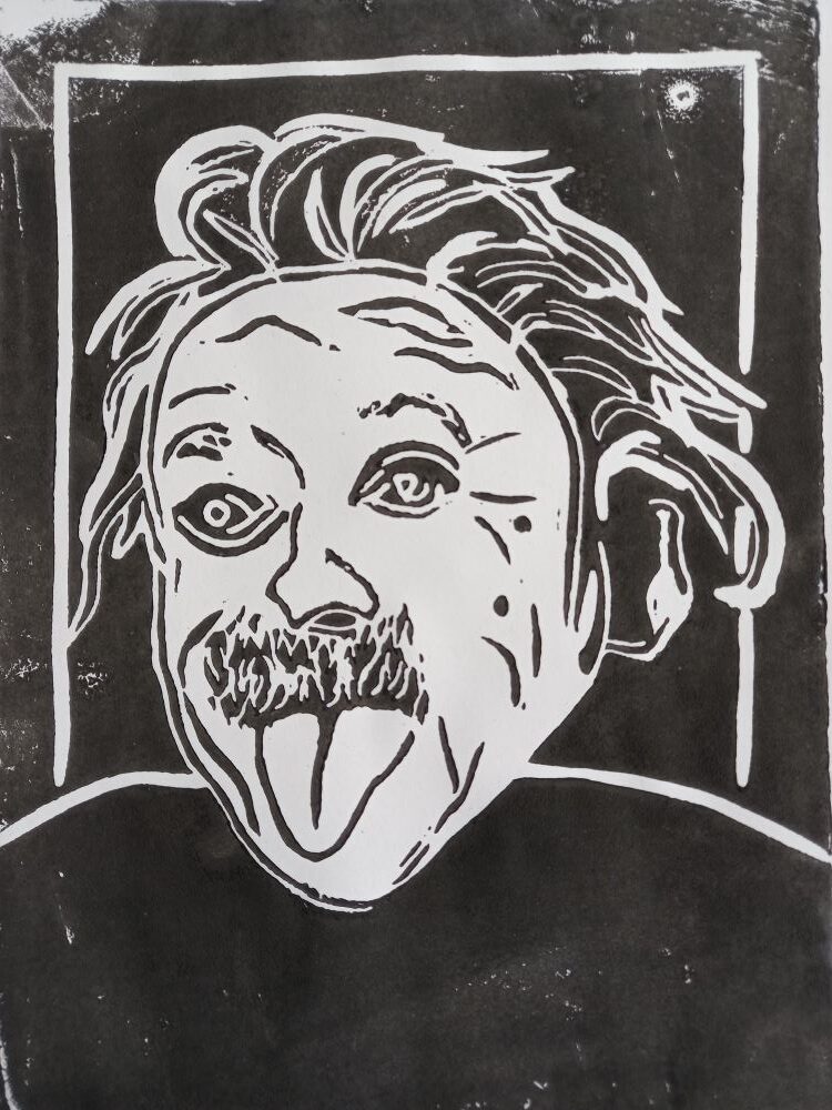 Ein Linolschnitt des berühmten "Zungenfotos" von Albert Einstein.