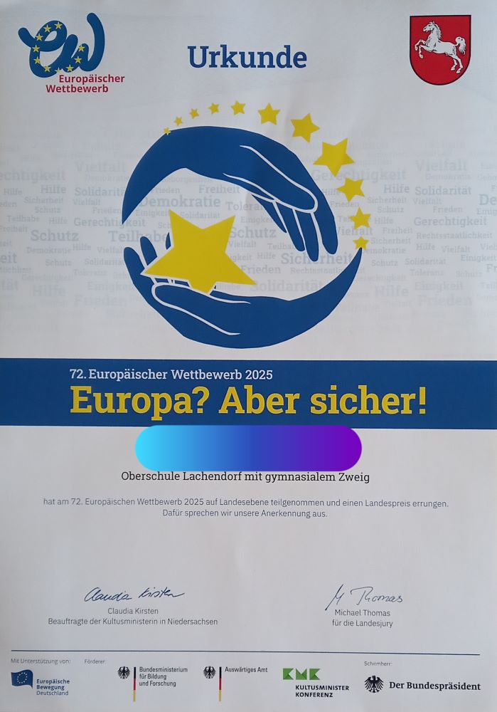 Urkunde Europäischer Wettbewerb Landespreis