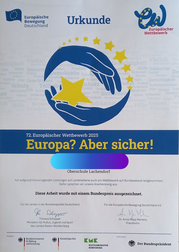 Urkunde Europäischer Wettbewerb Bundespreis