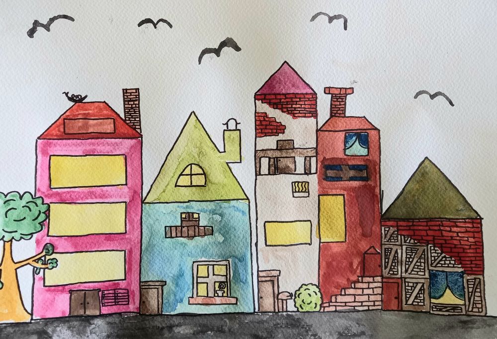 Häuserzeile in Aquarell