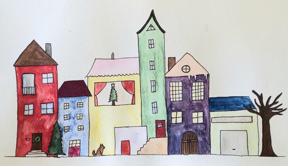 Häuserzeile in Aquarell