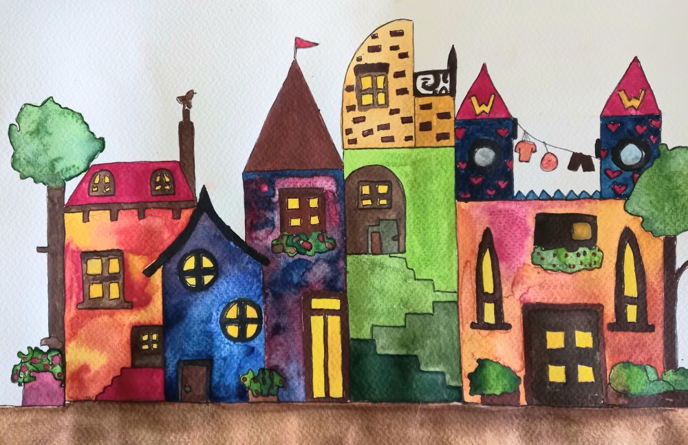 Häuserzeile in Aquarell