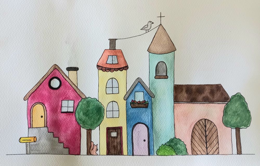Häuserzeile in Aquarell