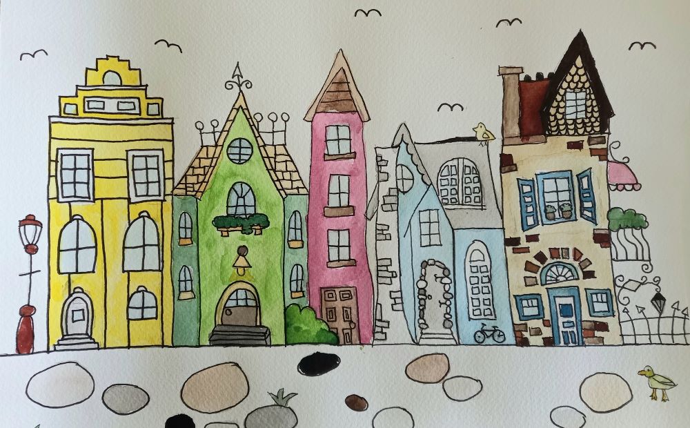 Häuserzeile in Aquarell