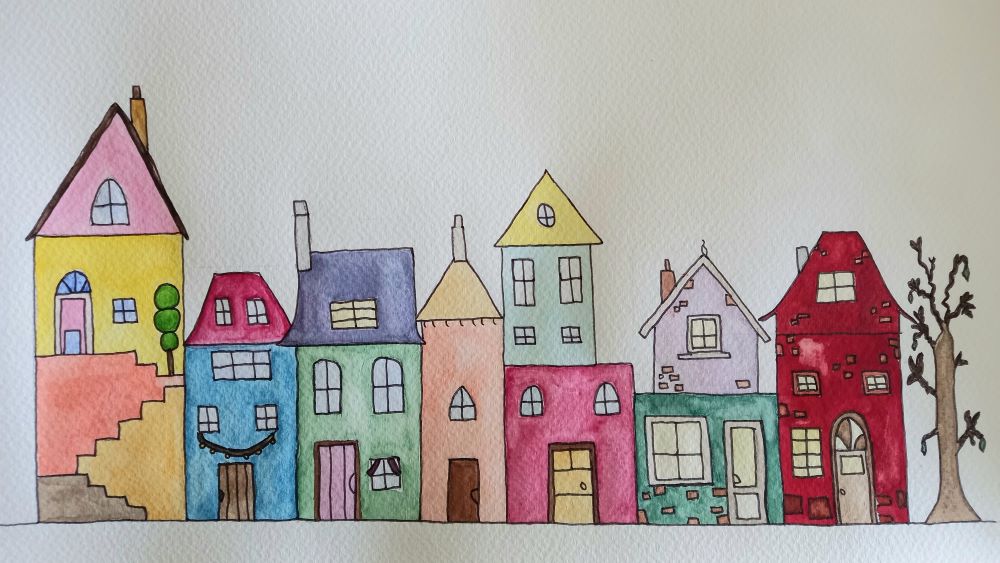 Häuserzeile in Aquarell