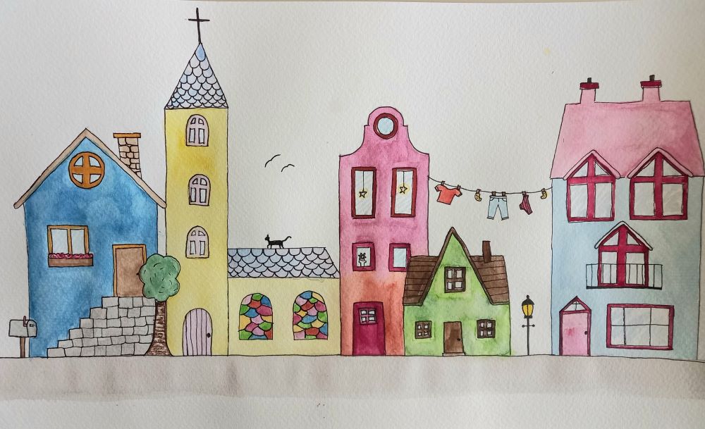 Häuserzeile in Aquarell