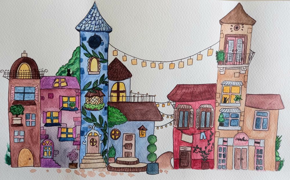 Häuserzeile in Aquarell