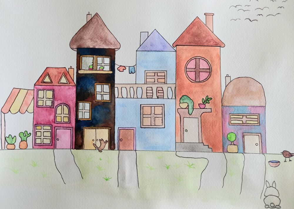 Häuserzeile in Aquarell