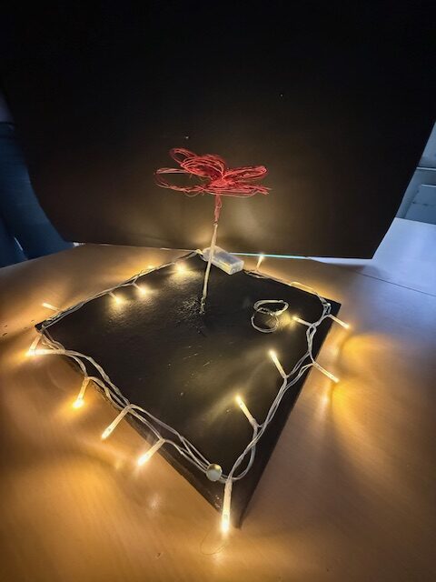 Drahtblume auf einer schwarzen beleuchteten Platte, Skulptur entstanden im Rahmen der Kunstwoche der 8.2