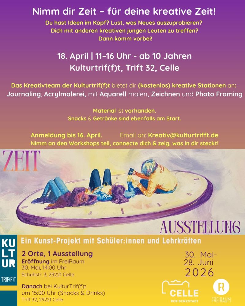 Einladung zur Kunstausstellung zum Thema Zeit mit Workshops