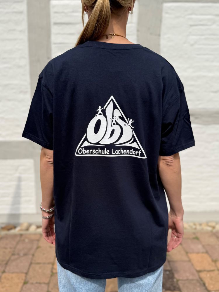 T-Shirt in navyblau mit weißem Logo, Rückenansicht