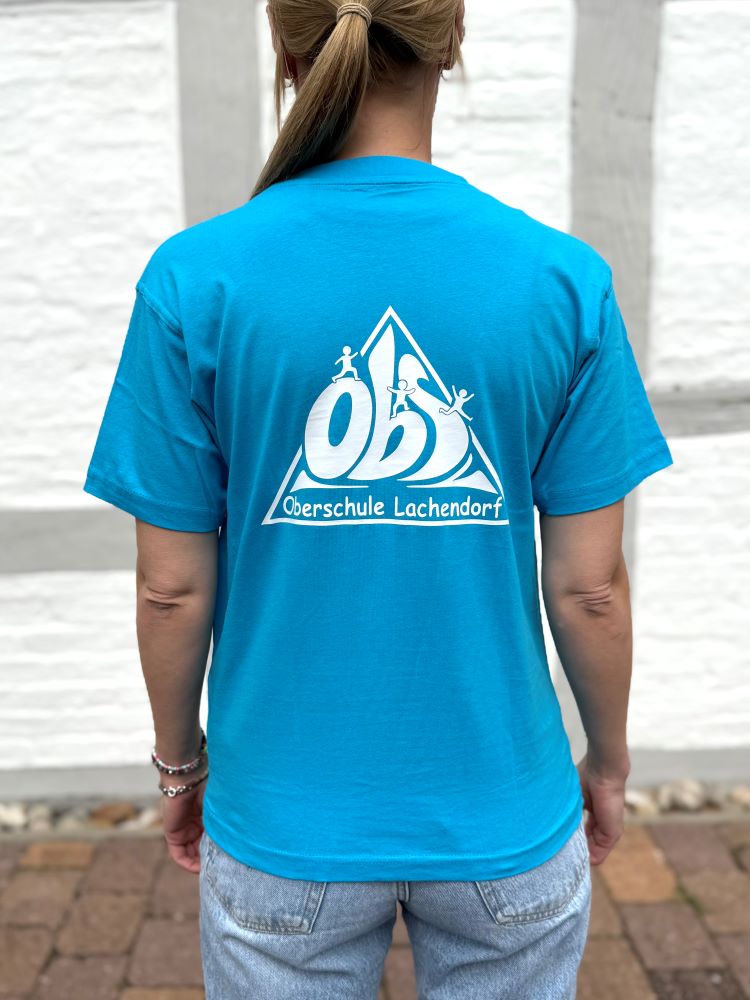 T-Shirt in Türkis mit weißem Logo, Rückenansicht