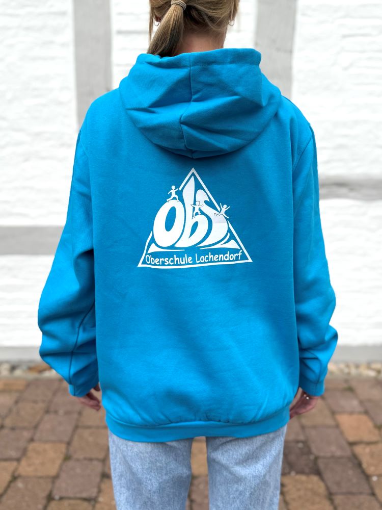 Zip-Hoodie in Türkis mit weißem Logo, Rückenansicht